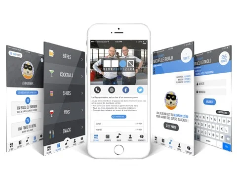 The DeuxPointZéro iPhone app, showing the bar menu, rewards and music quiz.