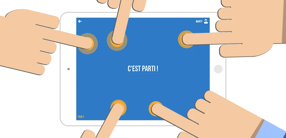 Several hands playing a Hangovr mini-game on an iPad.