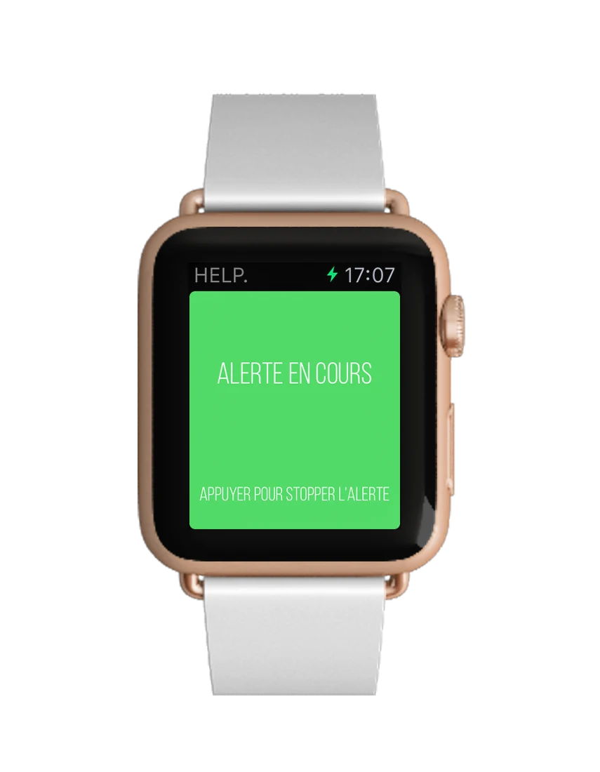 Help on Apple Watch, with an active alert.