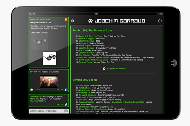 The Invasion iPad app, showing news and mixes by Joachim Garraud.