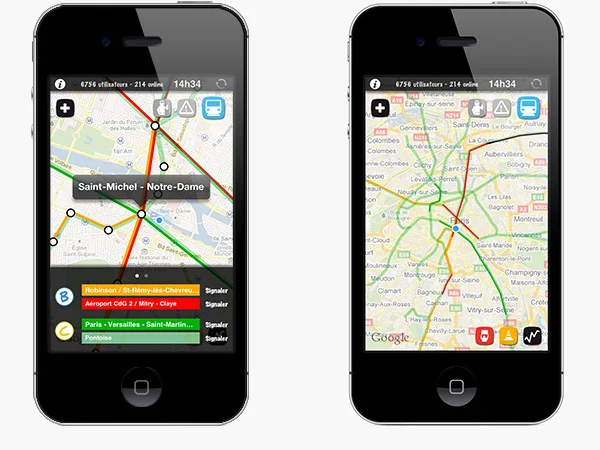 Métroéclaireur on two iPhones, showing Paris transport lines and reports on a map.