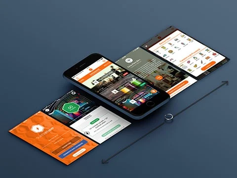 Superstamp on iPhone, surrounded by screens showing shops and loyalty offers.