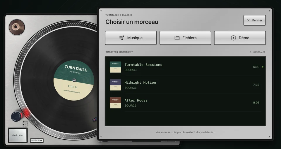 La bibliothèque de Turntable Classic affiche les sources Musique, Fichiers et Démo, ainsi que trois morceaux de démonstration.