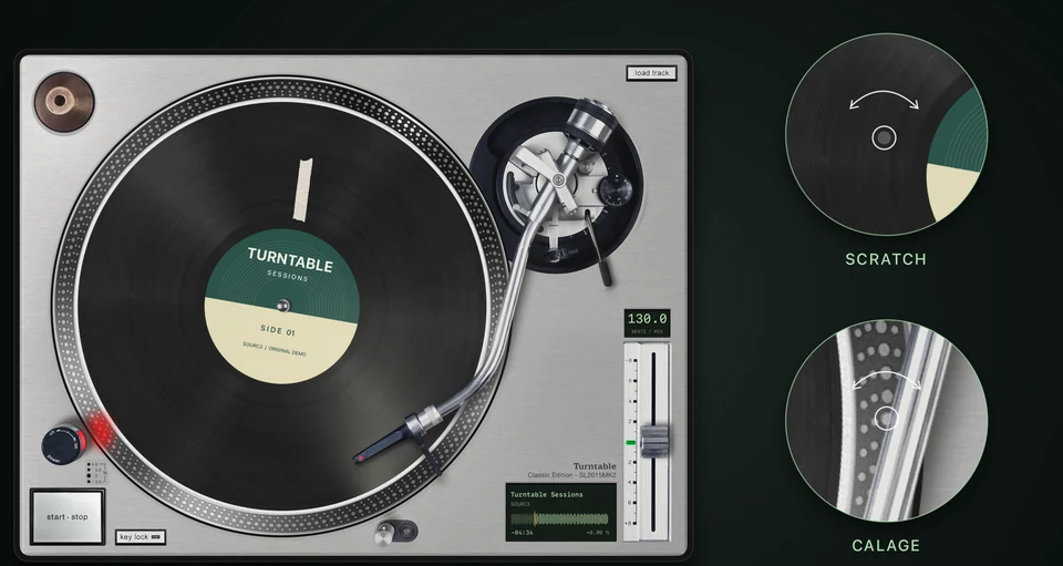Turntable Classic, avec la platine et deux détails illustrant le scratch et le calage.