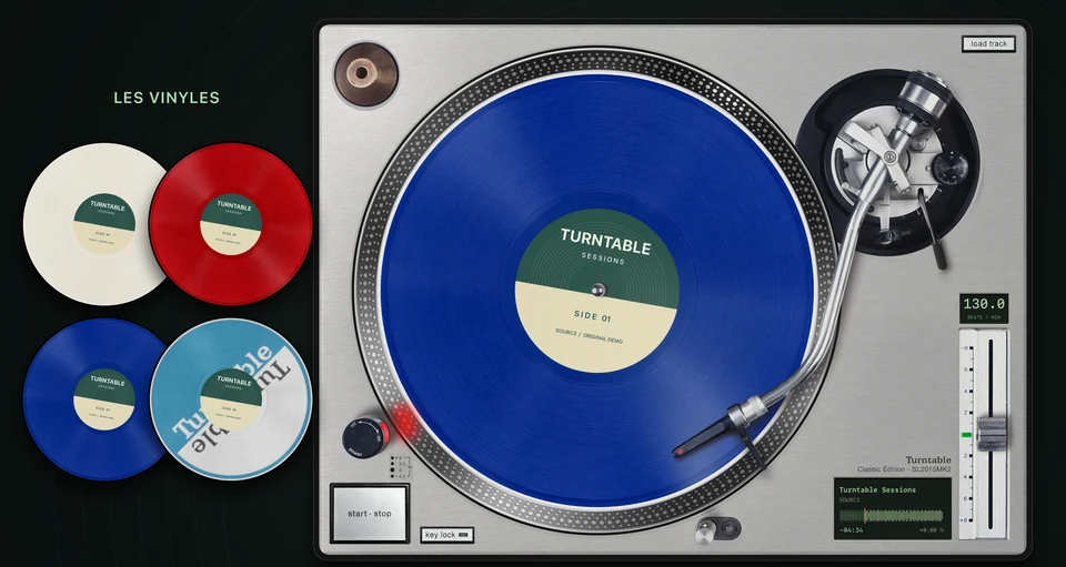 Turntable Classic avec un vinyle bleu et les variantes blanche, rouge, bleue et transparente.