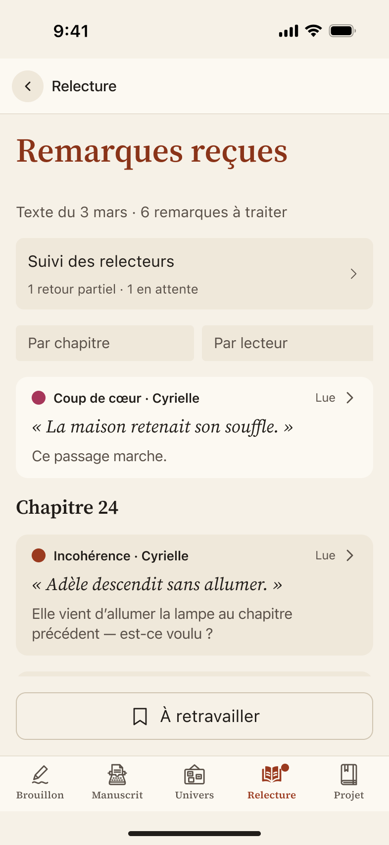 Les remarques reçues dans leCarnet, classées par chapitre ou par lecteur, avec les passages concernés.
