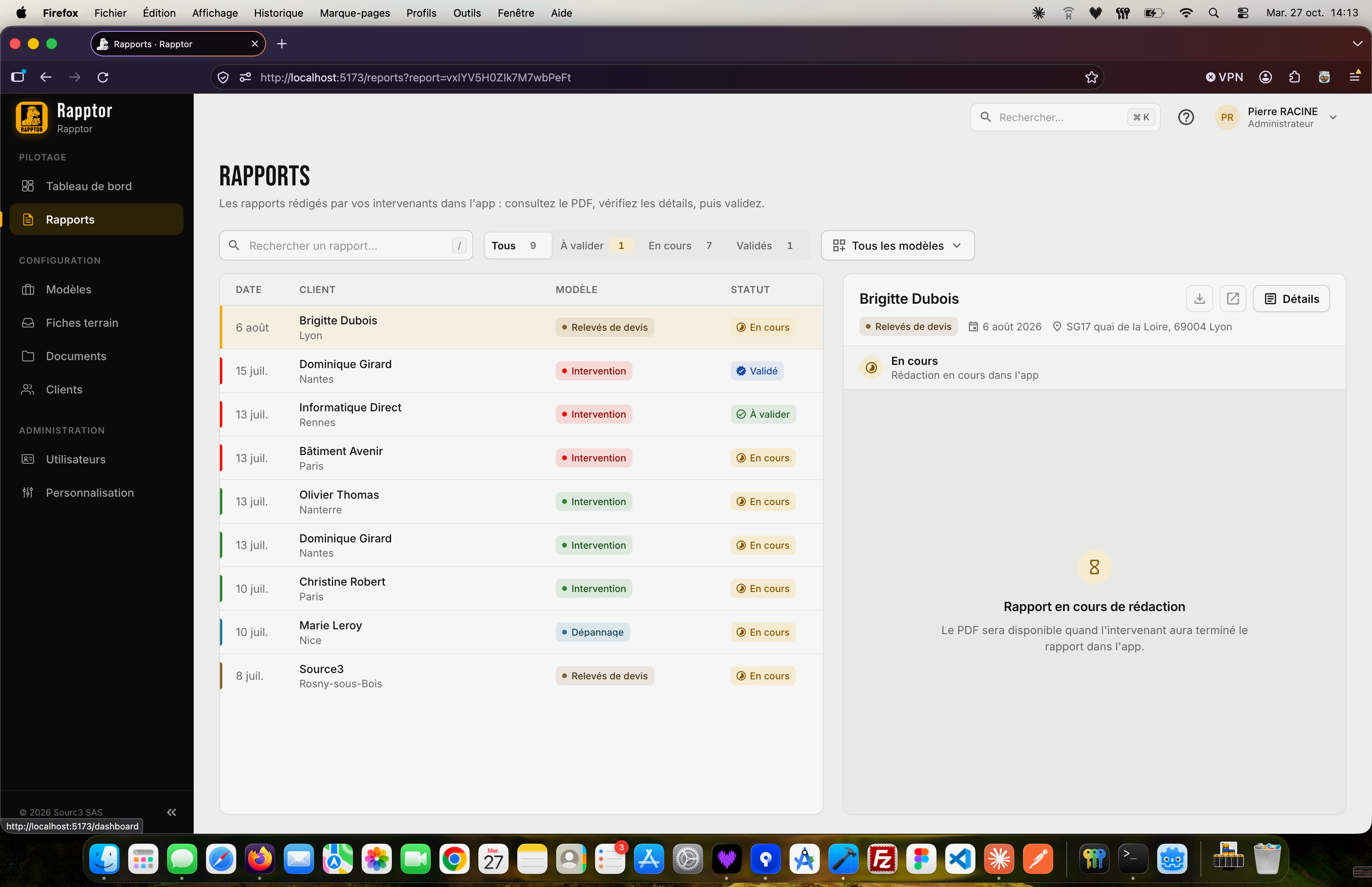 Rapptor web dashboard showing reports and their review status.