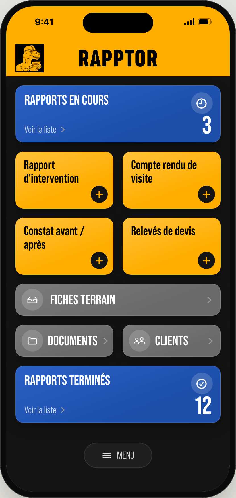 Rapptor home screen on iPhone, showing templates and reports in progress.