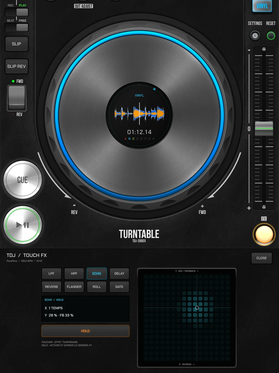 Turntable TDJ avec le panneau Touch FX ouvert et l’effet Echo sélectionné.