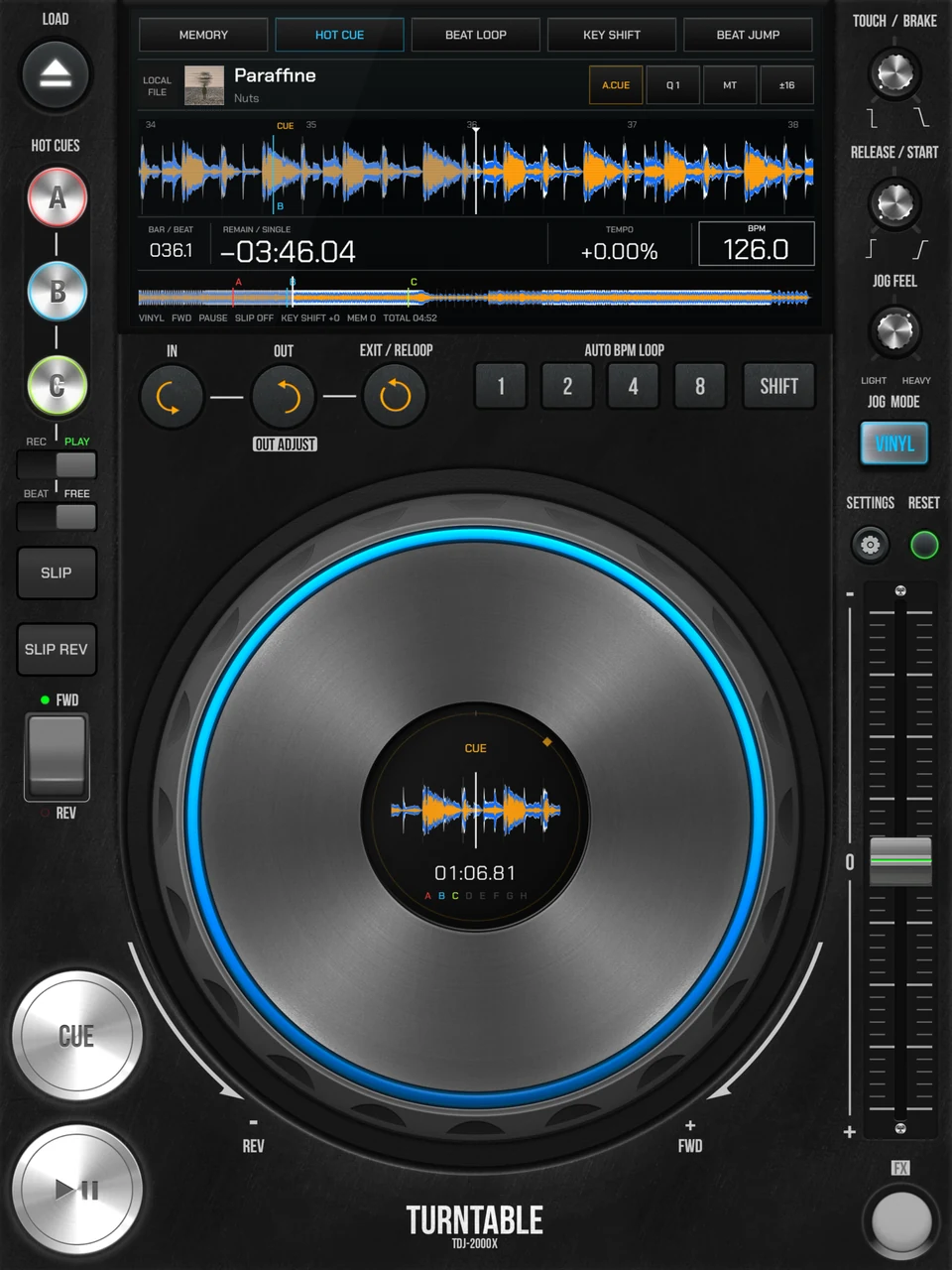 Turntable TDJ, avec le jog, la forme d’onde et les commandes de lecture.
